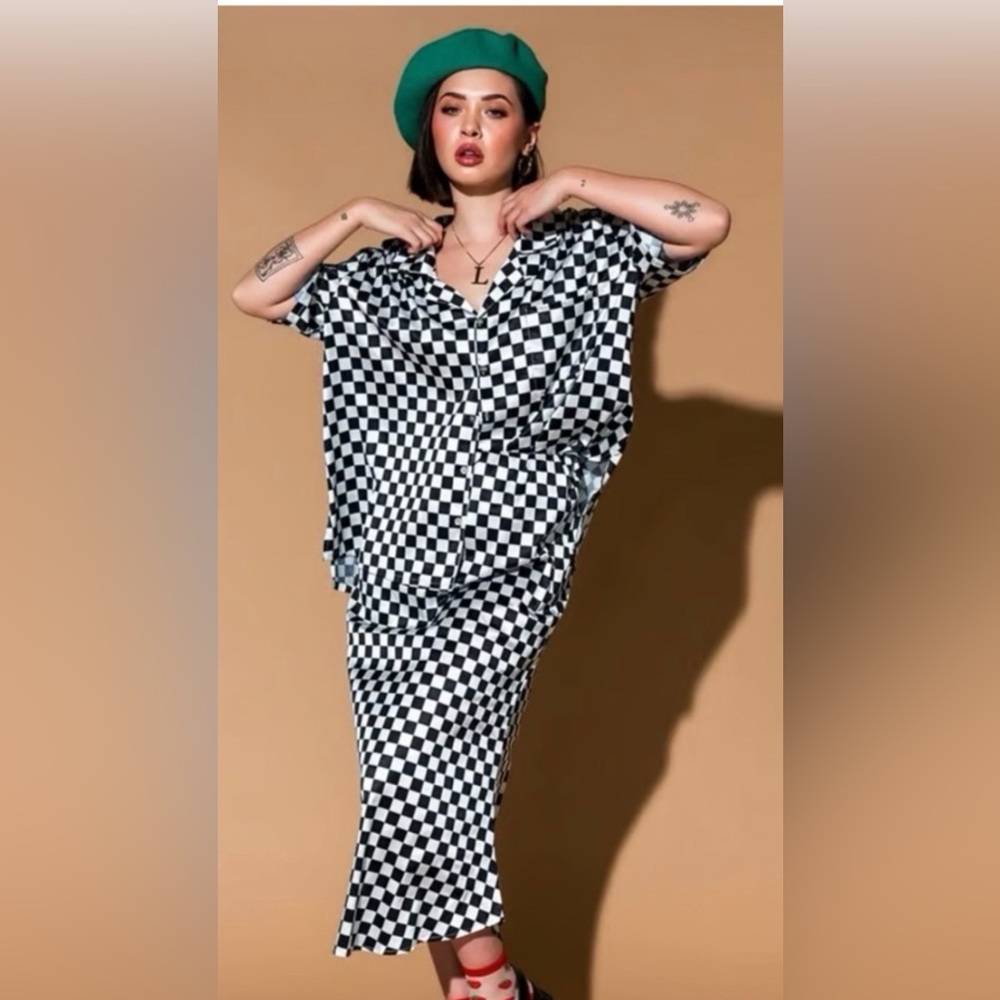 Dressed in Lala Black & White Checkerboard Button-Up Top and Skirt Set